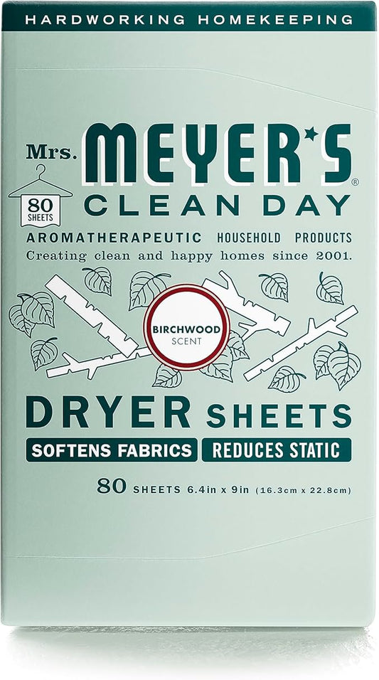 MRS. MEYER'S CLEAN DAY Dryer Sheets, Fabric Softener, Reduces Static, Infused with Essential Oils, Birchwood, 80 Count