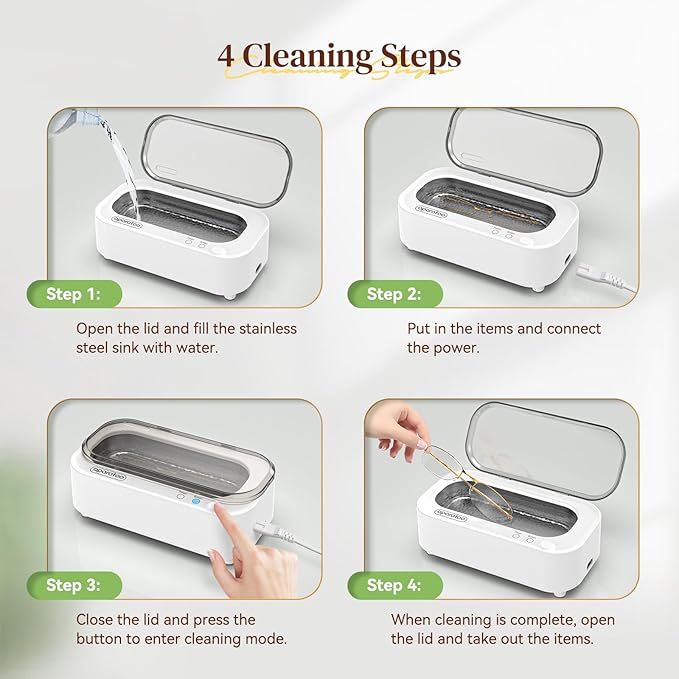 Ultrasonic Jewellry Cleaner 350ml, 47KHz Portable Professional Household Ultrasonic Cleaner Machine for Jewelry Glasses Watches Silver Rings Necklace Shavers Dentures Coins