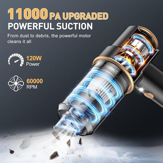 KMM Handheld Car Vacuum Cleaner, 11000PA Vacuum Cleaner & Air Duster, 120W High Power Vacuum Portable Cordless, Hand Held Vacuum Rechargeable with Multi-Nozzles & LED Light for Home, Car, Office