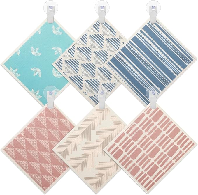 6 Pcs Swedish Towel for Kitchen 8 x 7 Inch Reusable Paper Towels with 4 Adhesive Hooks Swedish Absorbent Dish Towels Fast Drying Washable Cleaning Cloths No Odor Decorative Dishcloth for Kitchen