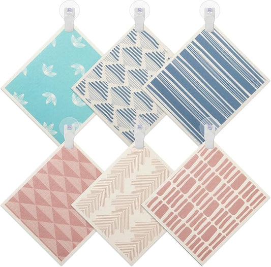 6 Pcs Swedish Towel for Kitchen 8 x 7 Inch Reusable Paper Towels with 4 Adhesive Hooks Swedish Absorbent Dish Towels Fast Drying Washable Cleaning Cloths No Odor Decorative Dishcloth for Kitchen