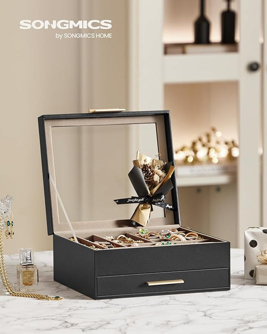 SONGMICS GISELLA Collection - Jewelry Box Organizer, 2-Layer Jewelry Storage with 1 Drawer, Shiny Metal Hardware, Glass Lid, Modern, 8 x 9.1 x 4.1 Inches, Ink Black and Gold Color UJBC174B01