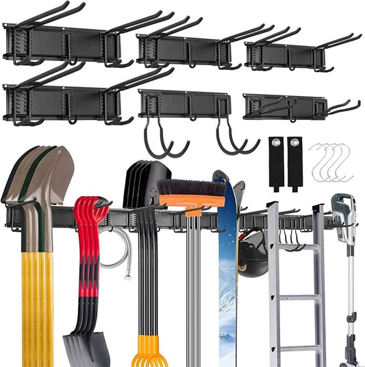 Sinoer Tool Organizer Wall Mount, 96 Inch Garage Storage Wall Organizer, Garden Tool Storage Rack with 18 Hooks+ 4 S-hooks & 2 straps - suitable for ski equipment, shovels, rakes，chairs