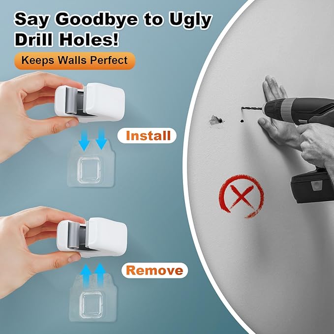 funest 6 Pack Mop and Broom Holder Wall Mount, No Drill Needed Self Adhesive, Non-Slip Mop Grippers for Tile Walls - Kitchen, Bathroom, Garage（White）