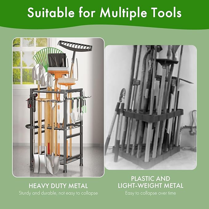 Garden Tool Organizer - 70-Hole Garage Storage Rack with Adjustable Feet & T-Handle Hooks, Broom/Mop Holder for Yard, Shed, Multi-Scene Use, No-Tool Assembly，Rack for Garage Organization Black