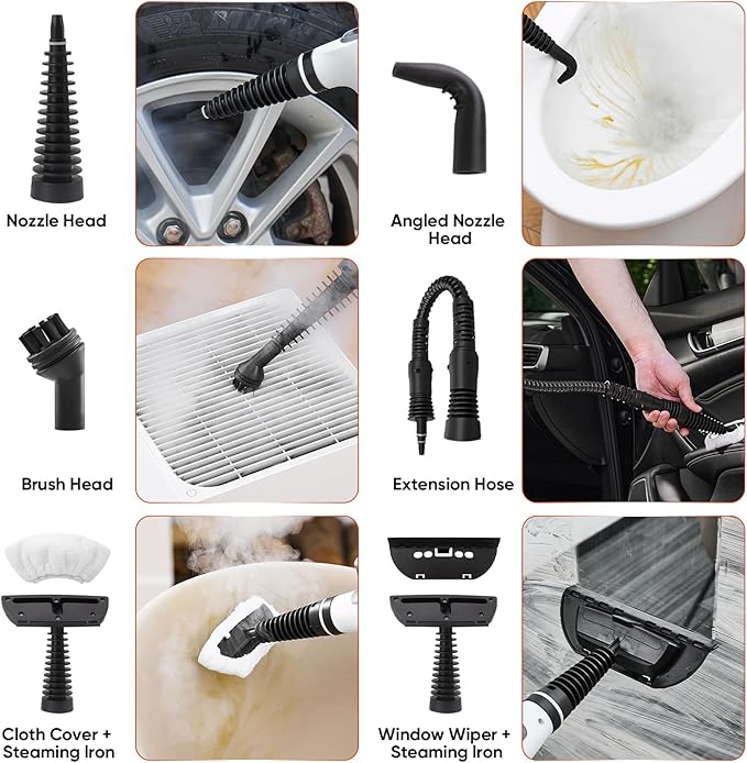 Steam Disinfection Cleaner, Handheld Pressurized Steamer with 9-Piece Accessories for Multi-Surface Cleaning, Natural Sanitization for Kitchen, Floor (1 x Steam Cleaner Kit + 4 Fiber Cloths)