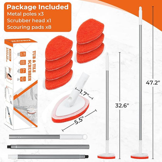 Bathtub Scrubber with Long Handle - Shower Scrub Brush with 8 Replacement Scouring Pads, Bathroom Cleaning Brush for Tub, Tile, Floor