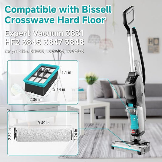 FFsign 3831 Roller Brush & Filter Replacement Compatible with Bissell Crosswave Hard Floor Expert 3831, HF2 3845N Vacuum, Floor Scrubber Wet Dry Vacuum Accessory Kit 2 Brush Rolls, 4 Filter Parts