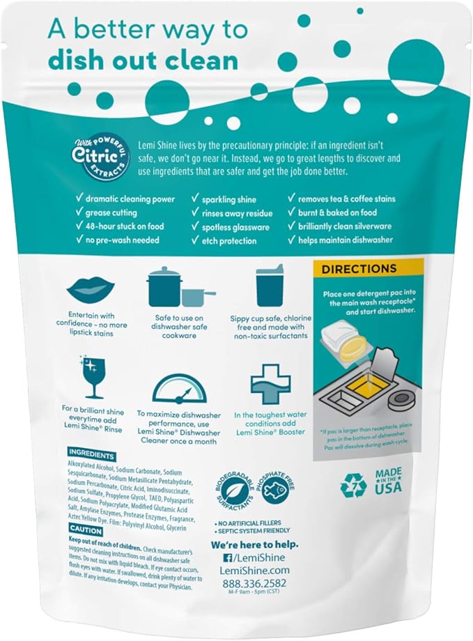Lemi Shine Natural Dishwasher Pods - All-in-One Powder & Gel Dishwasher Detergent Pods with Powerful Citric Acid Extracts