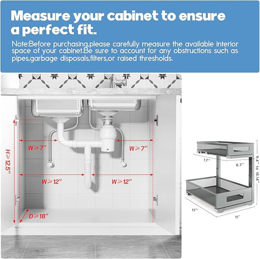 2 Pack 17IN Depth Under Sink Storage Organizer, Large 2-Tier Elegant Mesh Pull Out Shelf for Kitchen and Bathroom Cabinet Organization, L-Shaped and Adjustable Height Design-Gun Gray