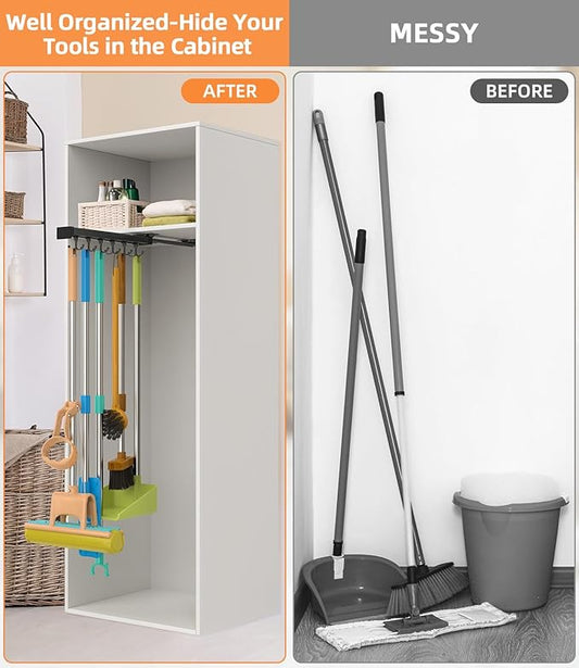 Pull Out Broom Holder With Adjustable Double Row Sliding Hook, Multifunctional Slide Broom And Mop Storage/Organizer Garage Organization Hooks, for Closet Laundry Garage Cupboard Kitchen