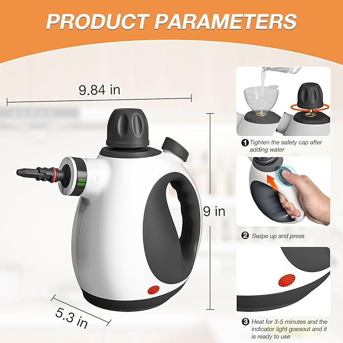 Handheld Steam Cleaner, Pressurized Multi-Purpose Natural Steamer with 12 pcs Accessories, Steamer for Cleaning Car, Bathroom, Countertop, Upholstery, Shower, Couch, Tile Grout, Window, Grease