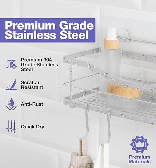 KINCMAX Shower Caddy and Soap Holder, Rustproof SUS304 Stainless Steel, Adhesive Wall Mount Double Baskets 3-pack with Hooks (Polished Silver)