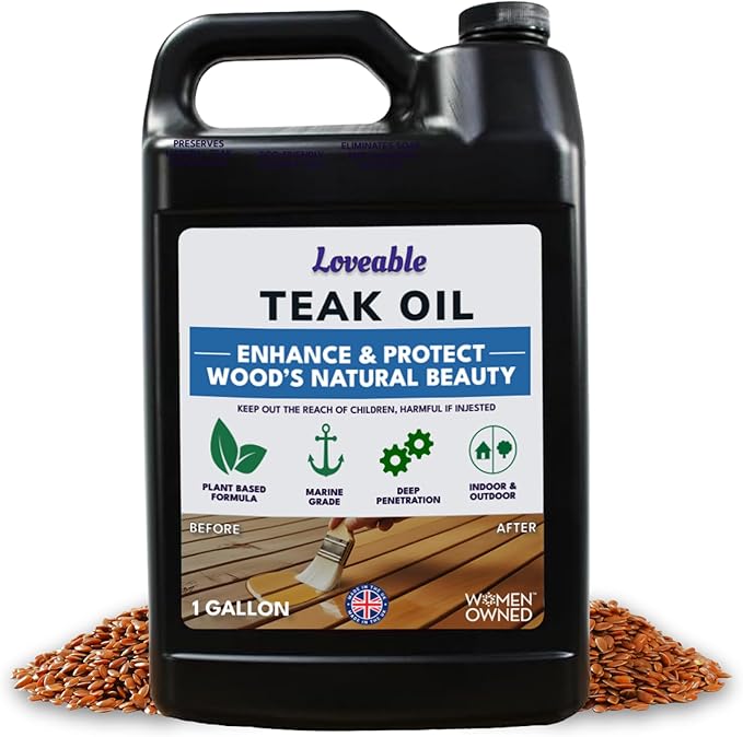 EcoDecors Loveable Teak Oil – 1 Gallon, Indoor and Outdoor Wood Protector, Marine-Grade, Plant-Based Formula, Deep-Penetrating Teak Treatment for Patio, Garden, Shower & Boat Wood Furniture