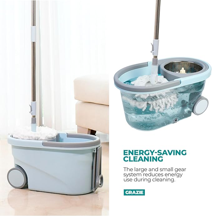 Spin Mop and Bucket with Wheels Wringer 360 Microfiber Mop with Stainless Steel Handle Self Wringing Cleaning System Bucket with Drain for Tile Hardwood Laminate Floors Includes 6 Mop Head Refills