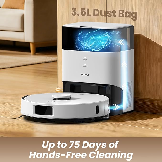 AIRROBO T30+ Robot Vacuum and Mop, 75-Day Self-Emptying, 12,000Pa Suction, Active Intelligent Obstacle Avoidance, Tangle-Free Brush, Carpet Avoidance, LiDAR Navigation, Smart Mapping, White