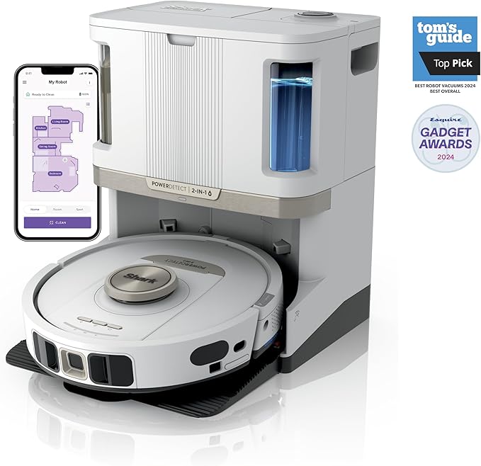 Shark Robot Vacuum & Mop Combo, PowerDetect NeverTouch Pro, Pad Wash & Dry, 60-Day Debris Capacity, 5PowerDetect Technologies,White,AV2800ZE, for Carpets & Hardfloors