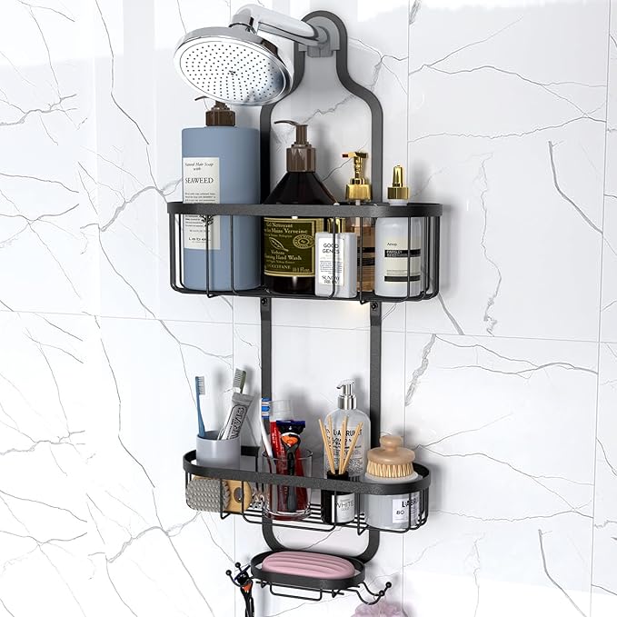Kadolina Shower Caddy Hanging, Bathroom Shower Rack, Bathroom Organizer with Soap Dish, Over The Showerhead Caddy with Hooks for Razor/Sponge, Black [Patented]