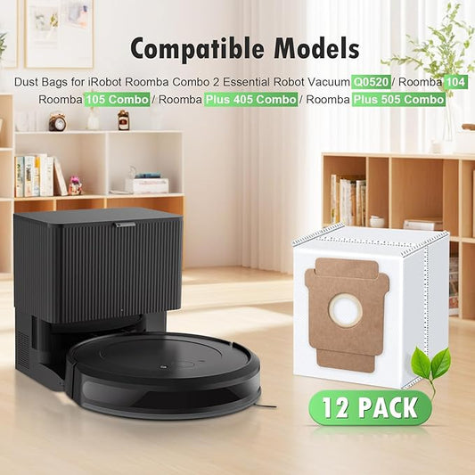 12-Pack Replacement Dust Bag Compatible with iRobot Roomba 2 Essential Q052, Roomba 104, 105 Vac, 105 Combo, Plus 405, Plus 505 Combo, Max 705 Vac, 705 combo Vacuum Cleaner, Disposable Vacuum Bags