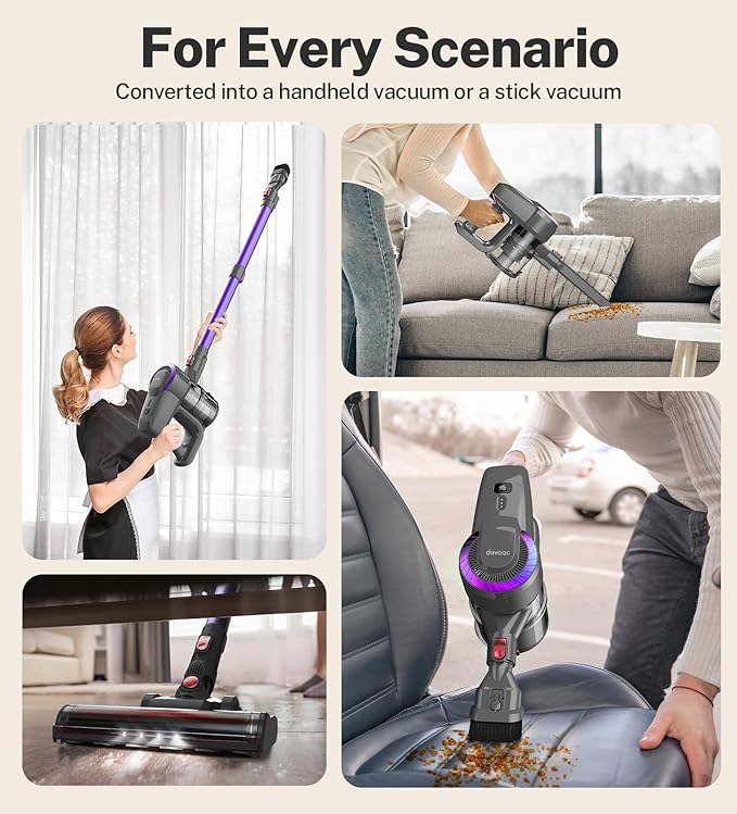 DEVOAC N300 Cordless Vacuum Cleaner, 6 in 1 Lightweight Stick Vacuum, 2200mAh Battery Up to 40mins Runtime, Powerful Handheld Vacuum for Hard Floor Rug Pet Hair Home Dorm (Purple)