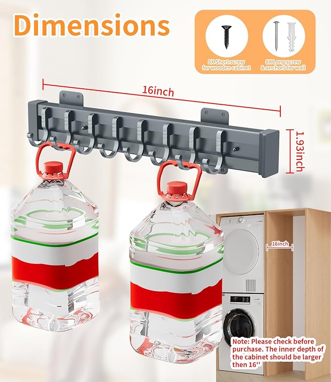 Pull Out Broom Holder With Adjustable Row Sliding Hook, Multifunctional Slide Broom And Mop Storage/Organizer Garage Organization Hooks, for Closet Laundry Garage - Dark grey - 36cm/14.17in