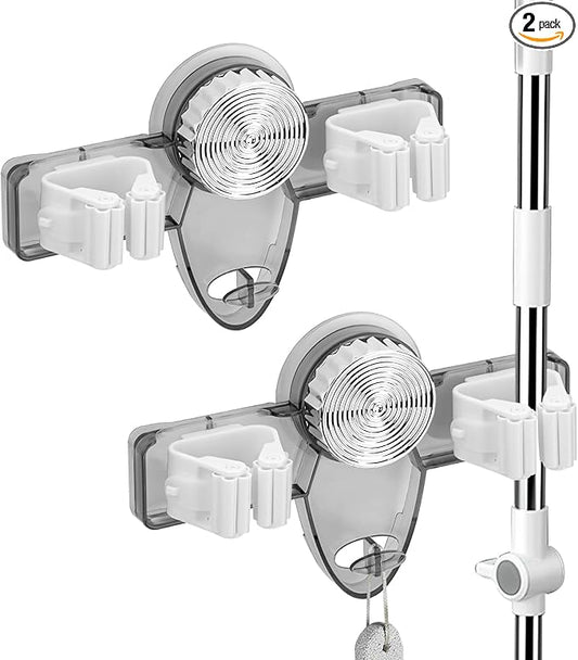 2 Pack Broom Holder Mop Hanger - Strong Suction Cup - No Drill Removable Broom Organizer Rack Wall Mount with Hooks for Bathroom Kitchen Garage, Clear Grey