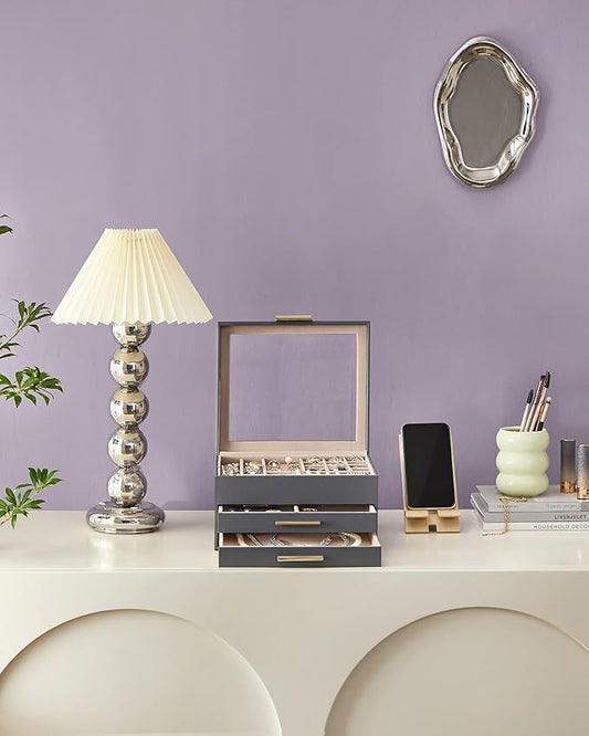 SONGMICS GISELLA Collection - Jewelry Box Organizer, 3-Layer Jewelry Storage with 2 Drawers, Shiny Metal Hardware, Glass Lid, Modern, 8 x 9.1 x 5.3 Inches, Gray and Gold Color UJBC239G02