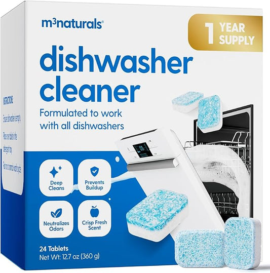 Dishwasher Cleaner & Deodorizer Tablets, Fights Grime, Grease, Limescale, Residue & Odor, Heavy Duty Cleaning Descaler Pods, Septic Safe, 24 Fresh Apple Scented Tablets, 1-Year Supply, by M3
