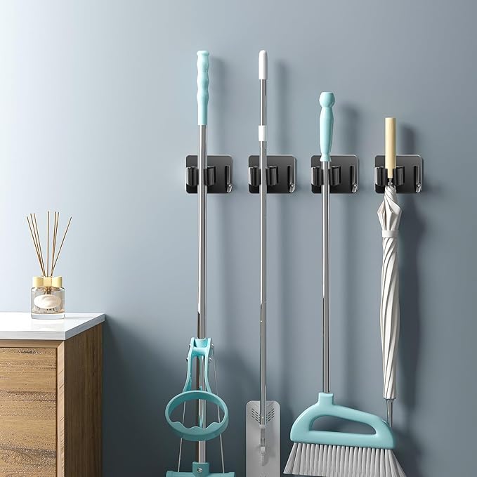 4 Pack Mop Broom Holder Wall Mounted, Stainless Steel Mop Broom Organizer with Hooks Hanger, No Drilling Self Adhesive Mop Handle Hanger for Kitchen Garage Office