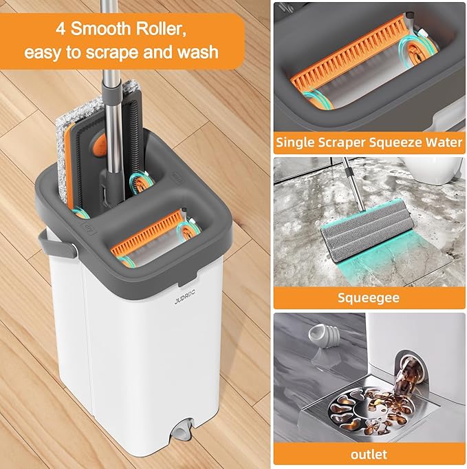 Mop and Bucket with Wringer Set for Home, Flat Mop Bucket Set with 3 Washable Microfiber Pads, Wet and Dry Mop with Long Handle，Wall Cleaner for All Floor Types and Windows