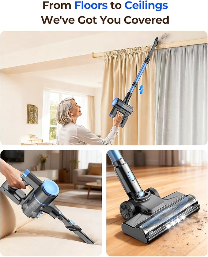 N8 Cordless Vacuum Cleaner, Lightweight Stick Vacuum with Powerful Suction,2200mAh Battery, 40 Mins Runtime, Self-Standing,Rechargeable Vacuum Cleaners for Home Hardwood Floor Carpet Pet Hair (Azure)