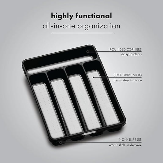 madesmart Small Silverware Tray, 5 Compartment Flatware Organizer for Forks, Knives & Spoons, Non Slip, Soft Grip Lining, Fits Small Drawers, Granite
