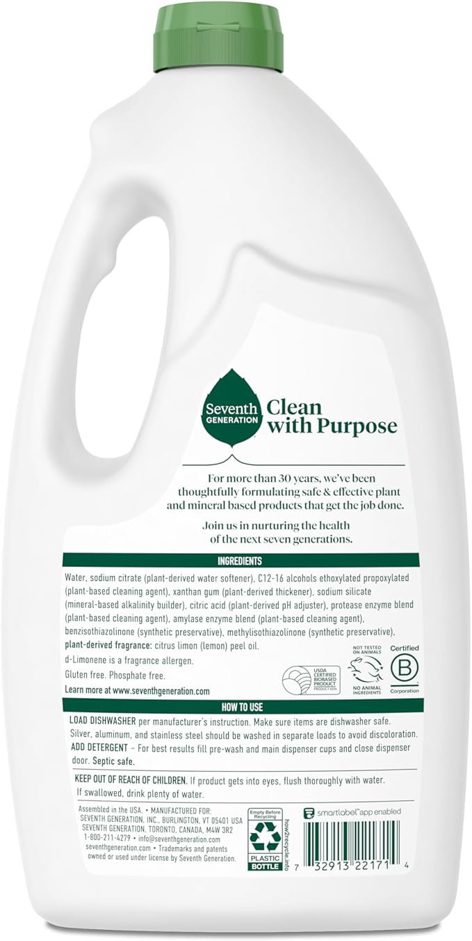Seventh Generation Dishwasher Detergent Gel Liquid Soap Lemon Scent Dish Detergent 42 oz, Pack of 6