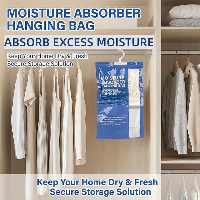 Dehumidifier Bags Hanging Moisture Absorbers - 4 Packs Dehumidifiers for Home Closet Bathroom Basement, Hanging Bag Desiccant Packs for Bedroom RV Camper, Odor Absorber Household Essentials