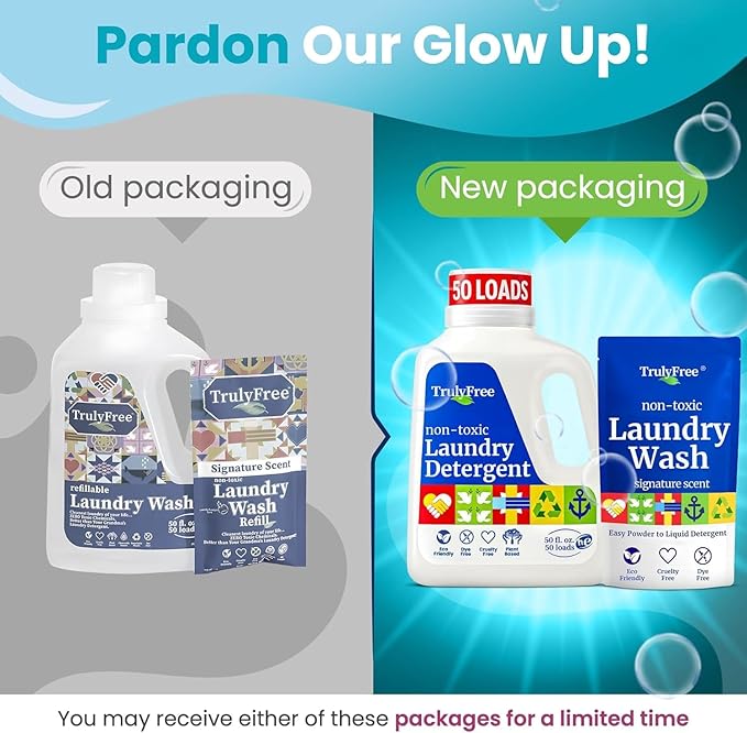 Truly Free Natural Laundry Detergent for Sensitive Skin | Eco Friendly, Plant Based, Baby Clothes Safe | Clean & Easy Powder to Liquid, 5 Pack Detergent + 1 Refillable Jug | Signature Scent 250 Loads