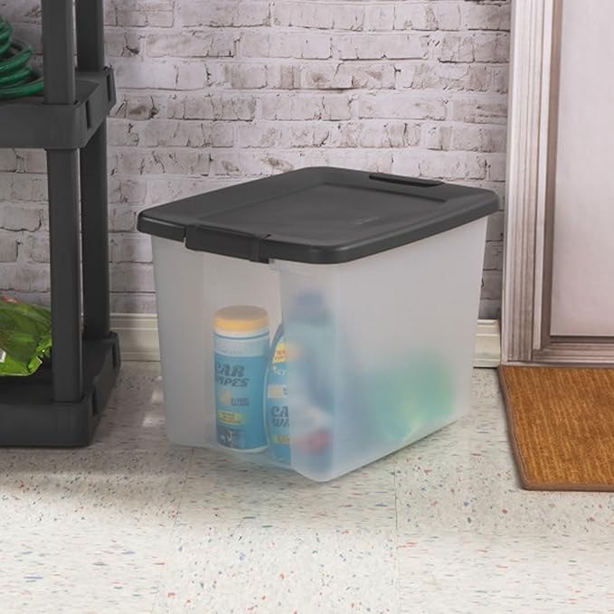 Sterilite 12-Pack 50 Quart ShelfTote, Clear Plastic Storage Organizer Bins with Gray Lids – Stackable Home and Office Containers for Closet or Shelves