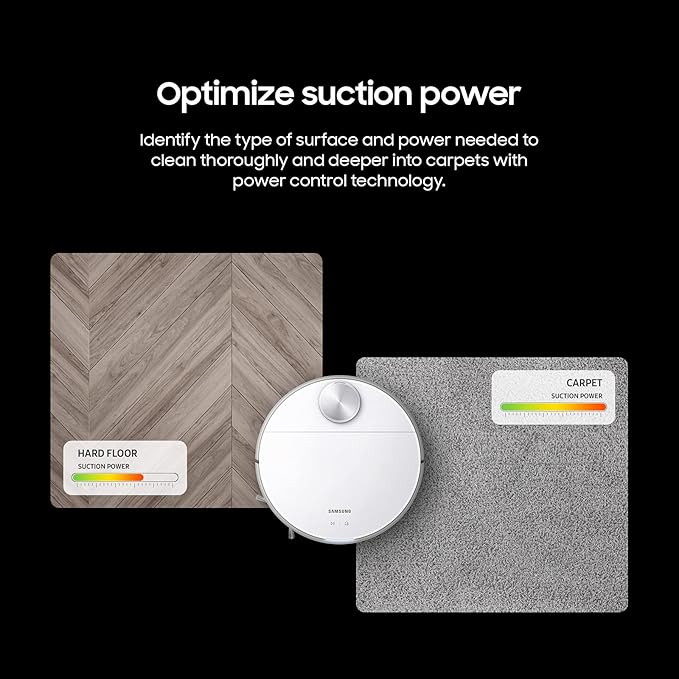 SAMSUNG Jet Bot Robot Cordless Vacuum Cleaner w/ Intelligent Power Control, Precise Navigation, Multi Surface Cleaning for Hardwood Floors, Carpets, Rugs, Anti Hair, VR30T80313W/AA, White