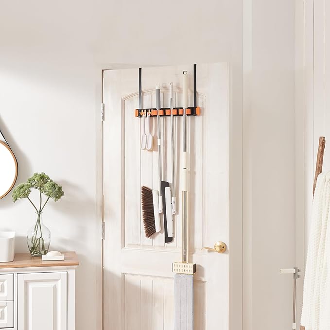 Unjumbly Broom Holder Wall Mount, Drilling Free Mop and Broom Holder with 2 Over Door Hooks, Tool Organizer for Laundry Room, Garage, Kitchen, Closet, Bathroom, Pantry - Orange