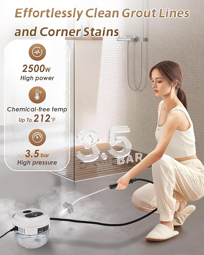 Handheld Steam Cleaner Touch Panel 2500W High Pressure Steamer for Cleaning Grout Tile Portable Steamer for Car Auto Home Small Power Cleaning Steamer with Drain Hole (White)