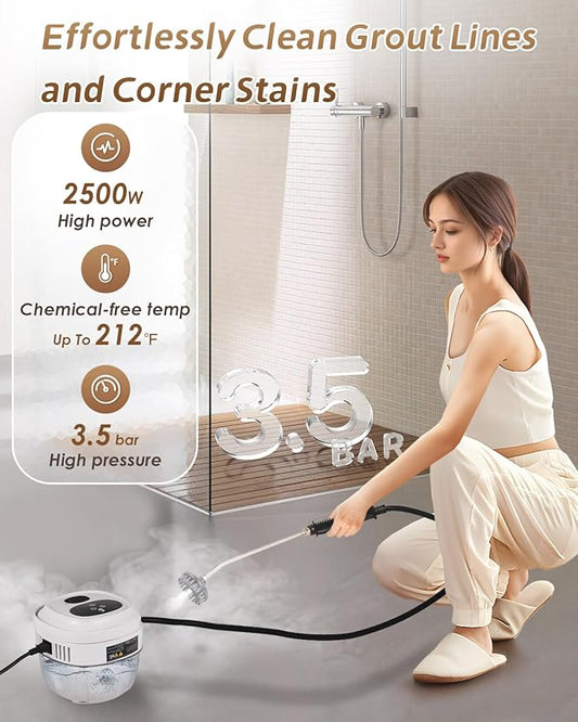 Handheld Steam Cleaner Touch Panel 2500W High Pressure Steamer for Cleaning Grout Tile Portable Steamer for Car Auto Home Small Power Cleaning Steamer with Drain Hole (White)