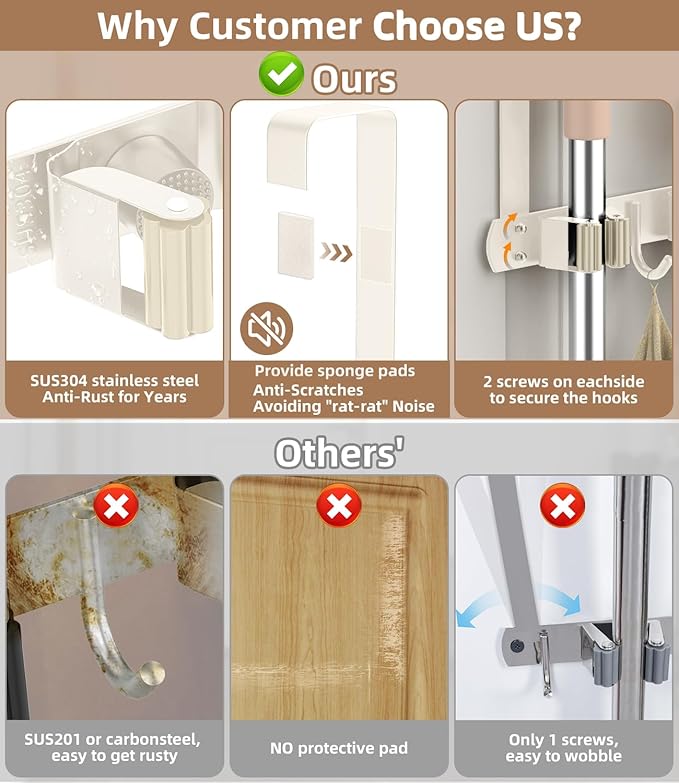 Broom Holder Over The Door - 304 Stainless Steel Mop and Broom Holder Wall Mounted or Hanging Over The Door with Hooks - Broom Hanger, Broom Storage Tool Organizer for Closet Laundry - light beige