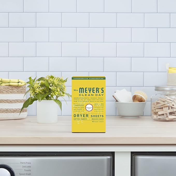 MRS. MEYER'S CLEAN DAY Dryer Sheets, Fabric Softener, Reduces Static, Infused with Essential Oils, Honeysuckle, 80 Count (Pack of 12)