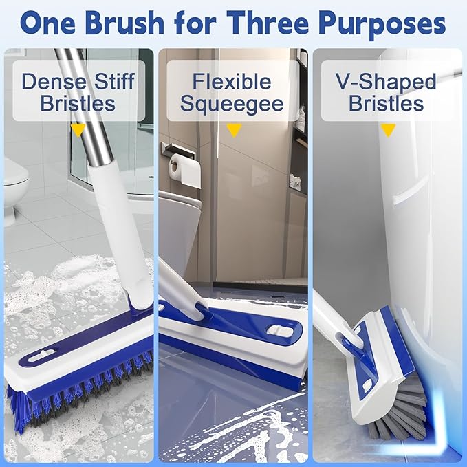 4-in-1 Floor Scrub Brush with Long Handle V-Shaped Crevice Brush Floor Scrubber Mop with Squeegee and Tweezer for Cleaning Gap Tile Bathroom Kitchen Patio Deck Garage