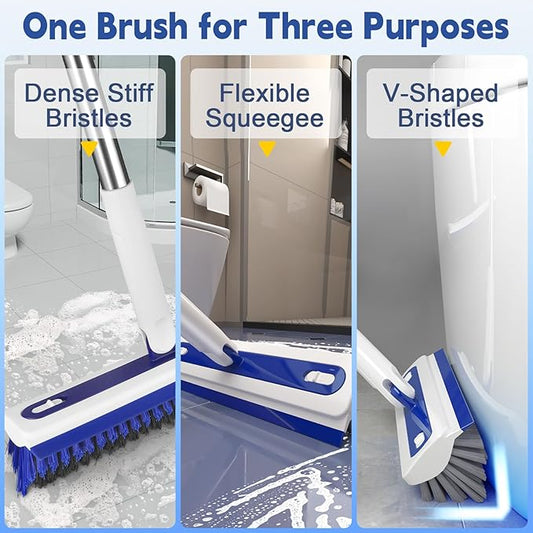 4-in-1 Floor Scrub Brush with Long Handle V-Shaped Crevice Brush Floor Scrubber Mop with Squeegee and Tweezer for Cleaning Gap Tile Bathroom Kitchen Patio Deck Garage