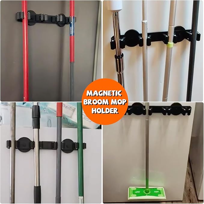 Magnetic Broom Holder Rack,Strong Magnetic Mount Mop Holder 4 Racks for Cleaning Tools,Non-slip Magnetic Tool Holder Broom Hooks for Camper Garage Kitchen