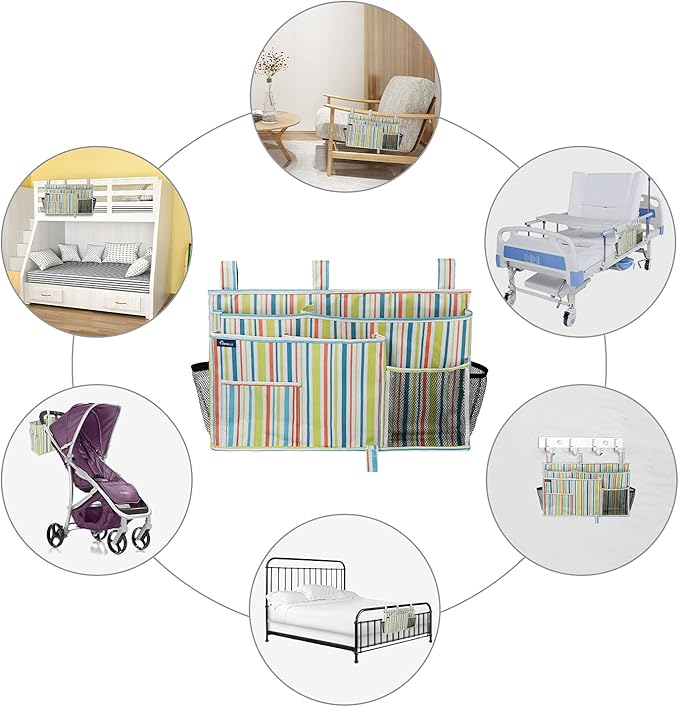 Surblue Bedside Caddy Hanging Bed Organizer Storage Bag Pocket for Bunk and Hospital Beds, College Dorm Rooms Baby Bed Rails, Camp 8 Pockets, (Large, Green Stripe)