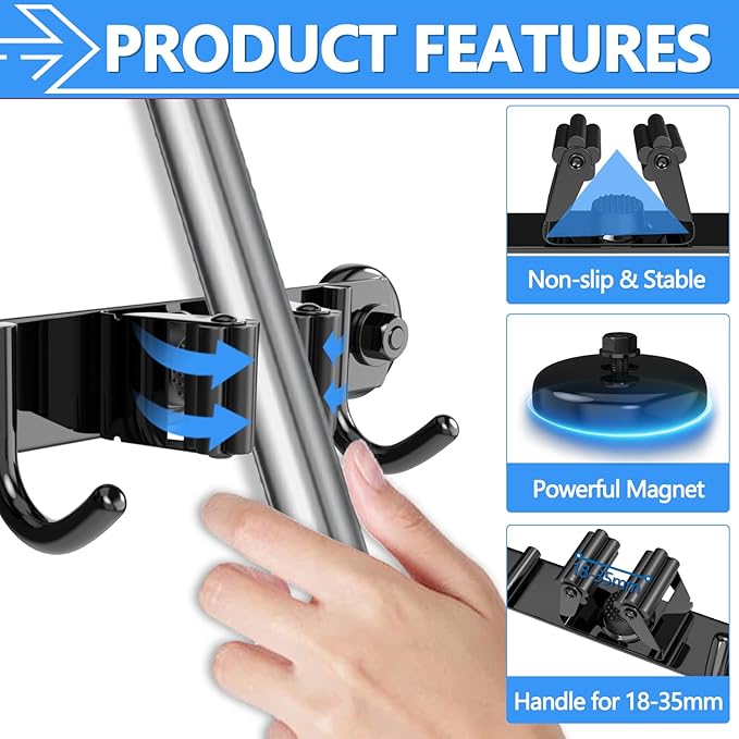 3-H Magnetic Broom Holder Wall Mount 2 Pack, 2-in-1 Dual Mount (No Drill or Screw Fix), 304 Stainless Steel Heavy Duty Magnet Mop Broom Organizer for Kitchen Garden Garage(4 Racks & 5 Hooks,Black)