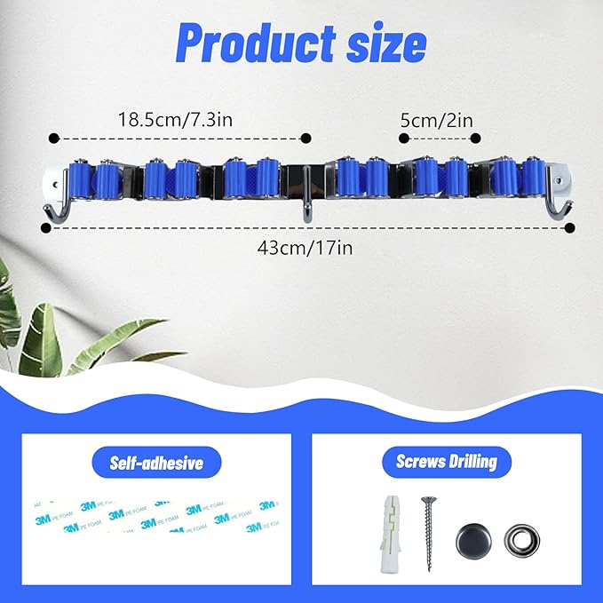 BigKing Mop Broom Holder Wall Mounted,6 Racks 3 Hooks Heavy Duty Stainless Steel Broom and Mop Hangers,Garage Storage Rack & Garden Tool Organizer, Self-adhesive/Screw Drilling