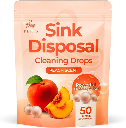 Sink Garbage Disposal Cleaner 50-Count | Easy-Use Garbage Can Odor Eliminator with Powerful Cleaning Action | Peach Scented Sink Drain Cleaner and Sink Smell Eliminator | Quality Home Living by Perfa