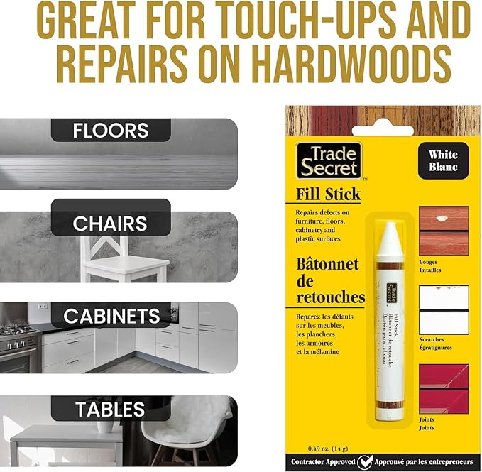 Wood Scratch Repair Fill Stick for White Surfaces, Great for Touch-Ups and Repairs on Hardwoods Floors, Furniture, Cabinets and Plastic Surfaces.
